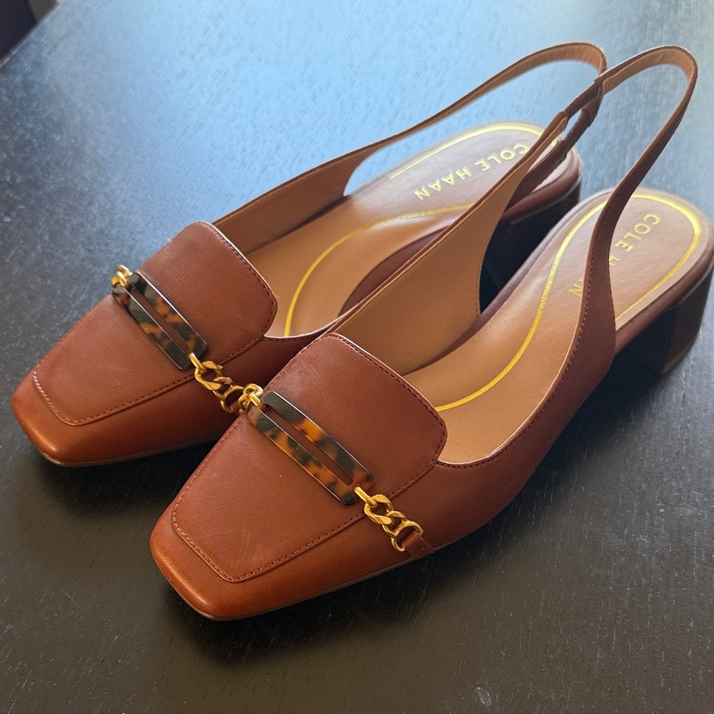 Cole Haan Cognac Brown Leather Slingback Mules with Tortoiseshell Chain